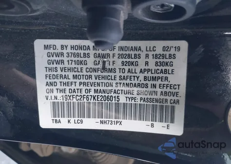 2019 Honda Civic Lx z USA, uszkodzony, nr VIN 19XFC2F67KE206015